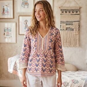 Roberta Roller Rabbit V-neck Blouse Crochet cuffs multi color sz Small